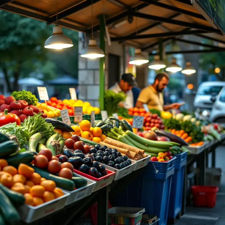 Fresh fruit and vegetable market stall at a local park with a variety of colorful produce displayed