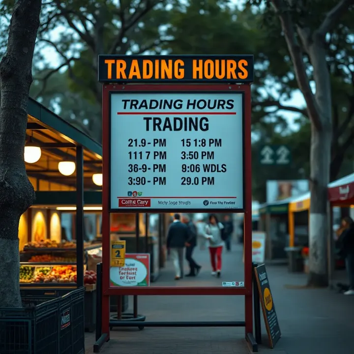 Trading hours signboard outside a local park market with clear information for visitors