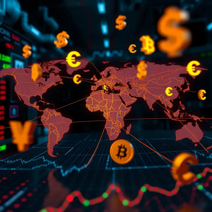 Currency symbols floating over a digital world map representing global forex market connections