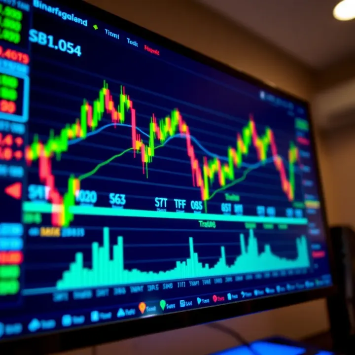 Digital graphs and charts showing binary trading statistics on a computer screen