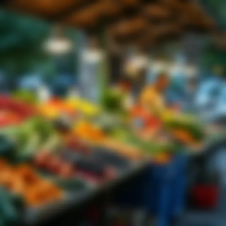 Fresh fruit and vegetable market stall at a local park with a variety of colorful produce displayed