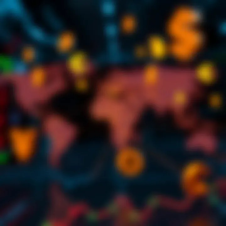 Currency symbols floating over a digital world map representing global forex market connections