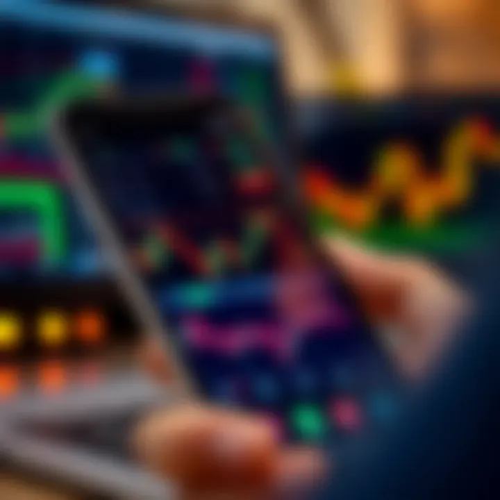 Mobile phone displaying forex trading app interface with charts and currency pairs