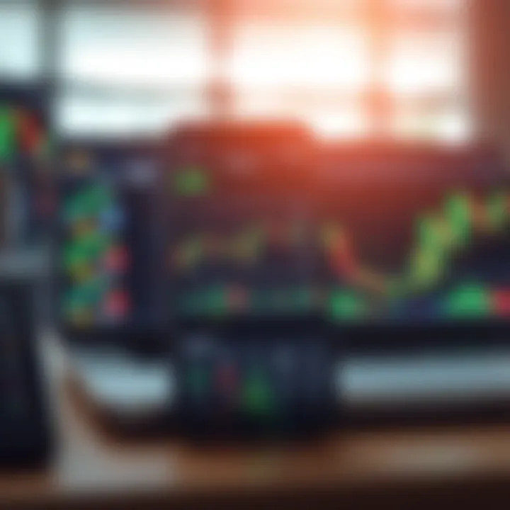 Mobile phone displaying a forex trading app interface with charts and market indicators