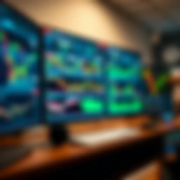 Screen displaying various forex trading platform interfaces with charts and data