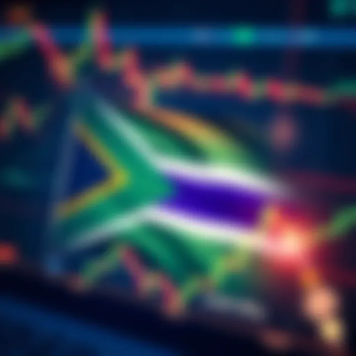 Illustration of South African flag overlaying currency symbols and trading graphs
