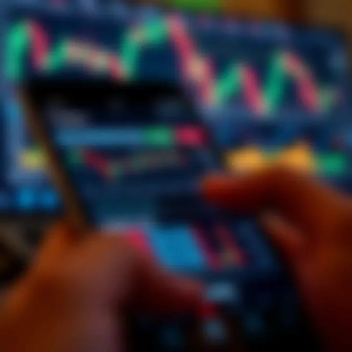 Mobile phone screen showing various financial charts and trading options