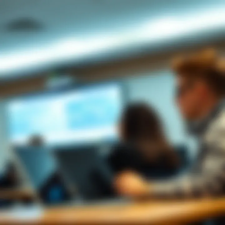 Classroom setting with students learning forex trading concepts on laptops