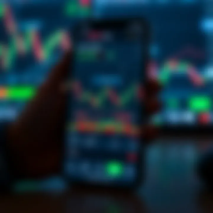 Mobile device displaying a forex trading platform with charts and currency pairs