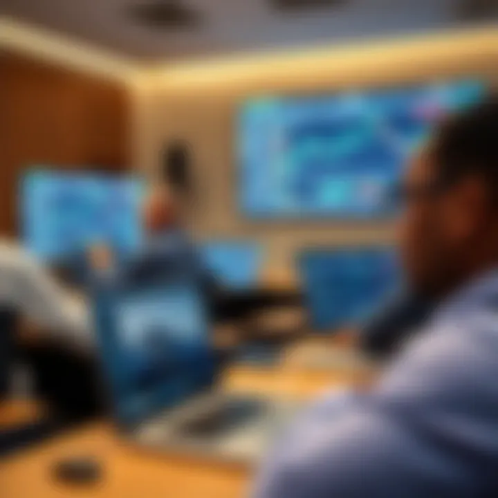 Classroom setting with students attending a forex trading course using laptops and charts