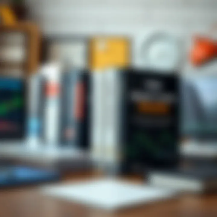 Collection of trading books and digital resources arranged on a desk for learning binary options