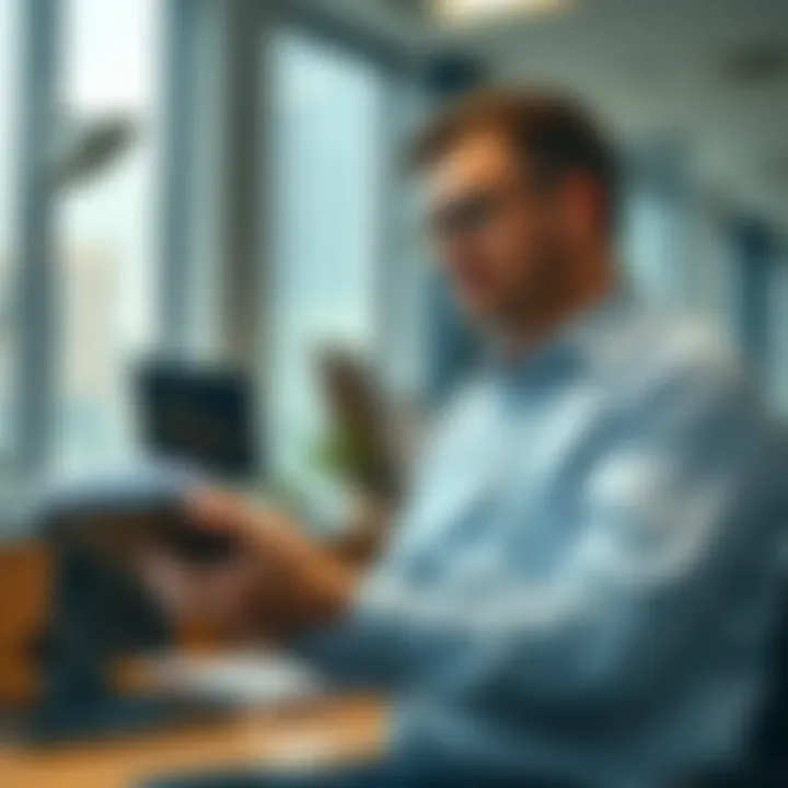 Professional analyzing risk data charts on a digital tablet in an office setting