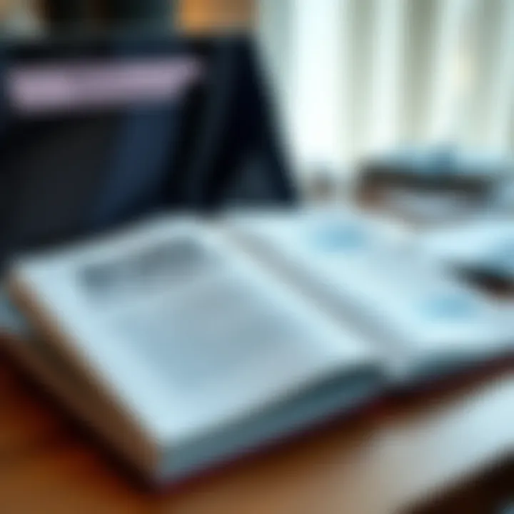 Open book and laptop displaying risk management study materials on a desk