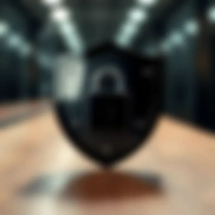 Business security shield protecting corporate assets from fraud risks