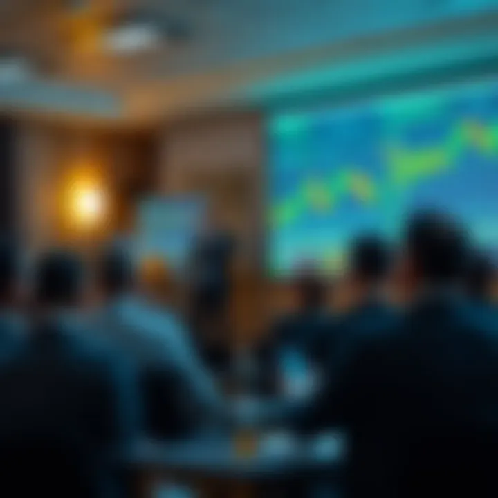 Forex trading seminar presenting market analysis charts to attentive audience