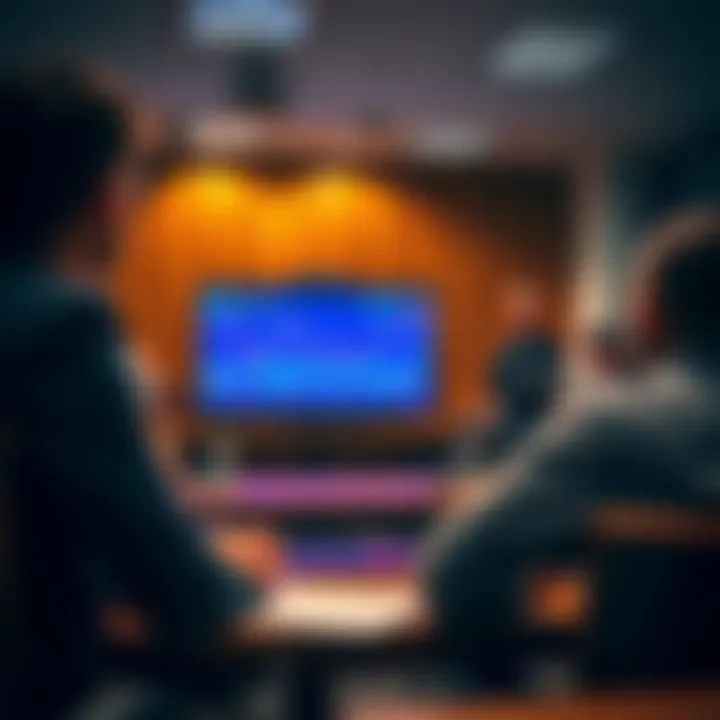 Classroom setting with a forex trading instructor explaining charts to attentive students