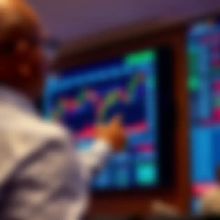 Close-up of a presenter explaining currency market trends on a digital board during a forex seminar