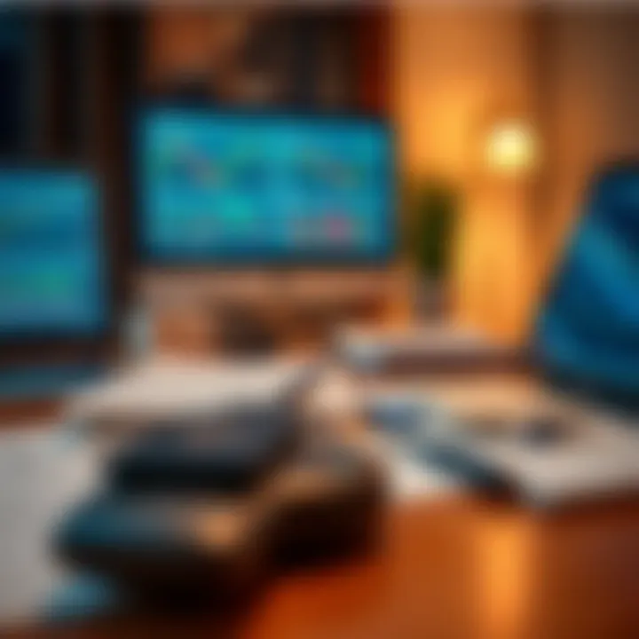 Close-up of a forex trading seminar setup showing charts, laptops, and educational materials on a table