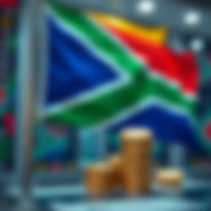 South African flag with currency symbols representing forex trading in Rand