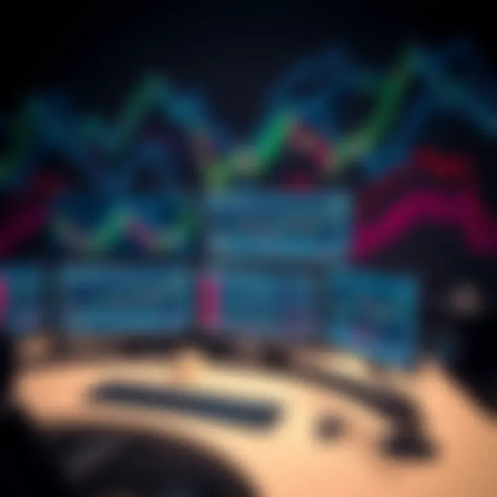 Modern trading desk setup featuring multiple screens displaying forex charts and a sleek forex-themed wallpaper