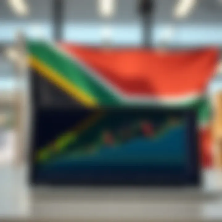 Graph showing forex trading trends on a digital platform with South African flag in background