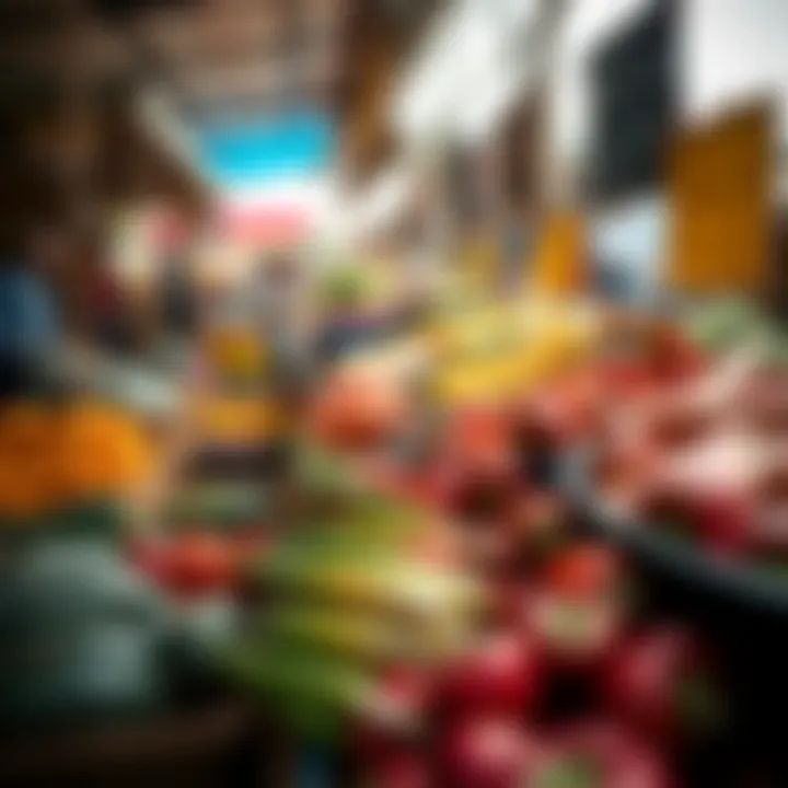 Fresh fruits and vegetables displayed at a bustling market stall under bright daylight