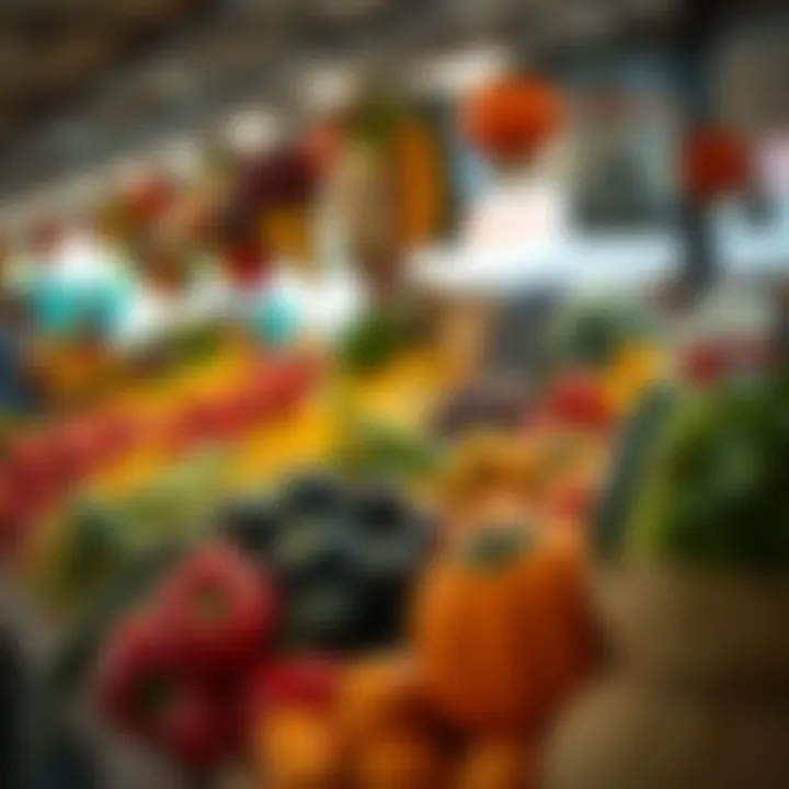 Colorful fresh fruits and vegetables displayed at a vibrant outdoor market stall