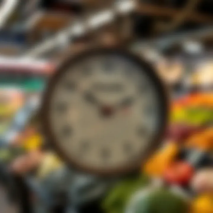 Clock showing opening hours with fresh produce in the background at a local shop