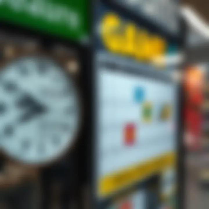 Clock showing opening hours alongside a holiday calendar indicating special store schedule