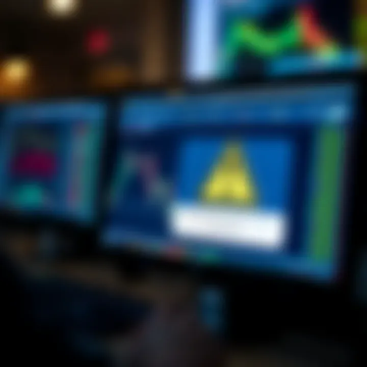 Illustration showing a computer screen with a warning symbol over automated trading software to highlight binary options robot scam risks