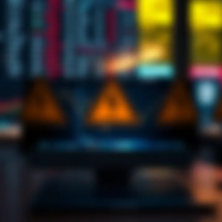 Digital representation of deceptive online forex platforms with warning symbols