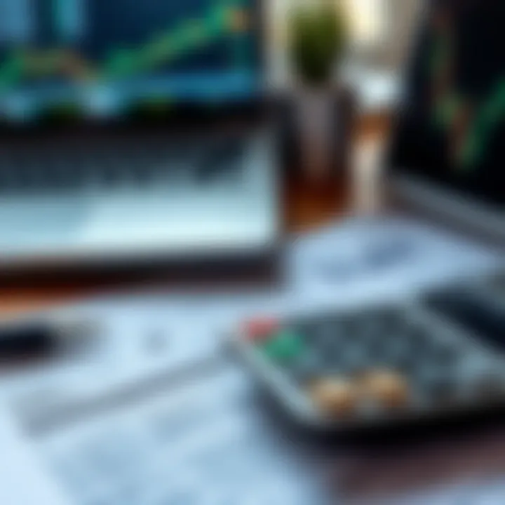 Tax documents, calculator, and laptop representing forex income reporting obligations