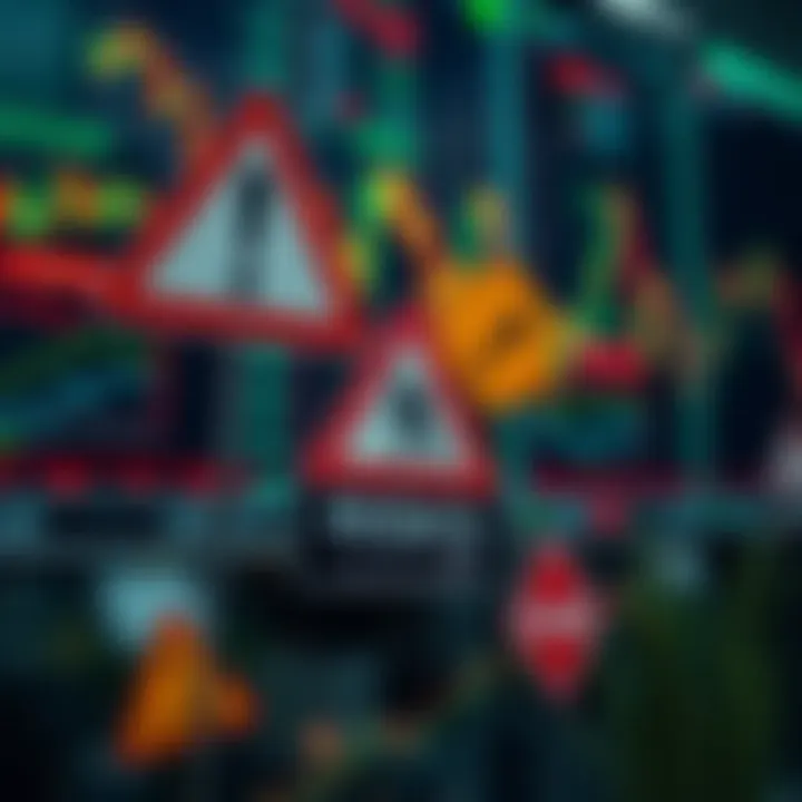 Visual representation of risk management in forex trading featuring warning signs alongside currency exchange charts