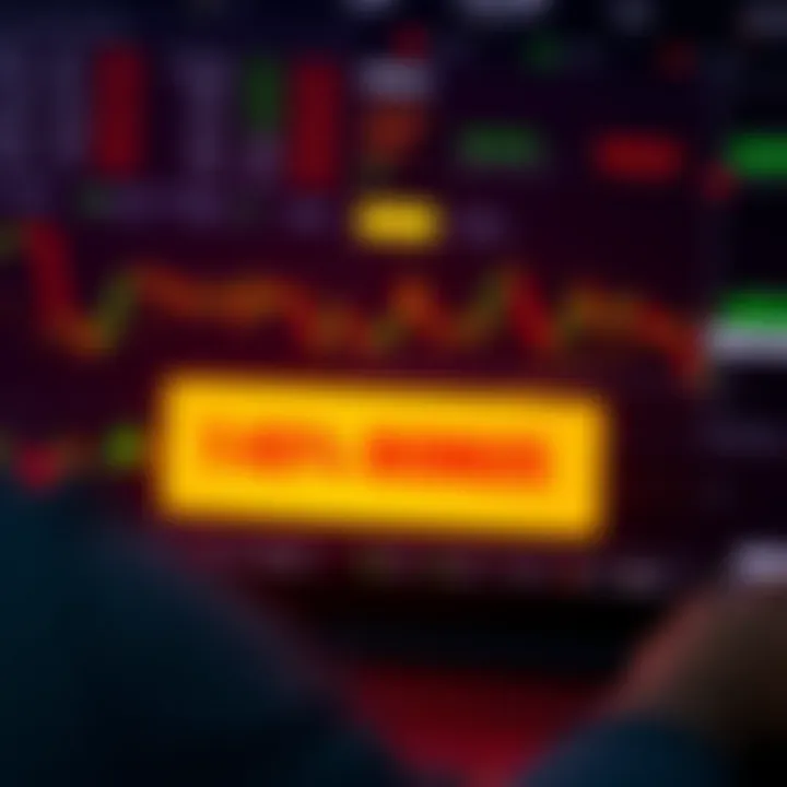 Illustration of binary options trading platform with a highlighted bonus offer and charts showing market trends