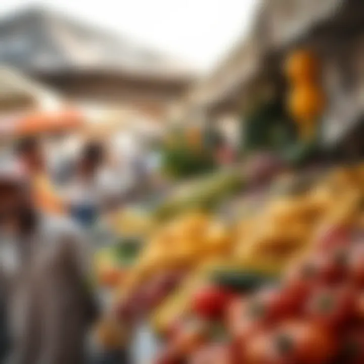 Fresh fruits and vegetables displayed at a bustling South African market in daylight