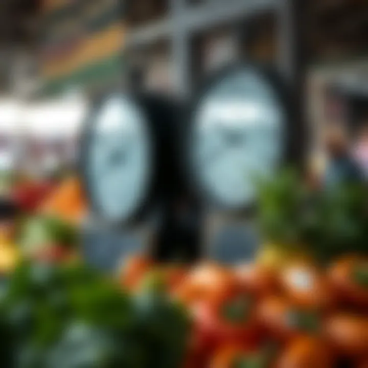 Clock showing typical trading hours with fresh produce arranged nearby in a market setting
