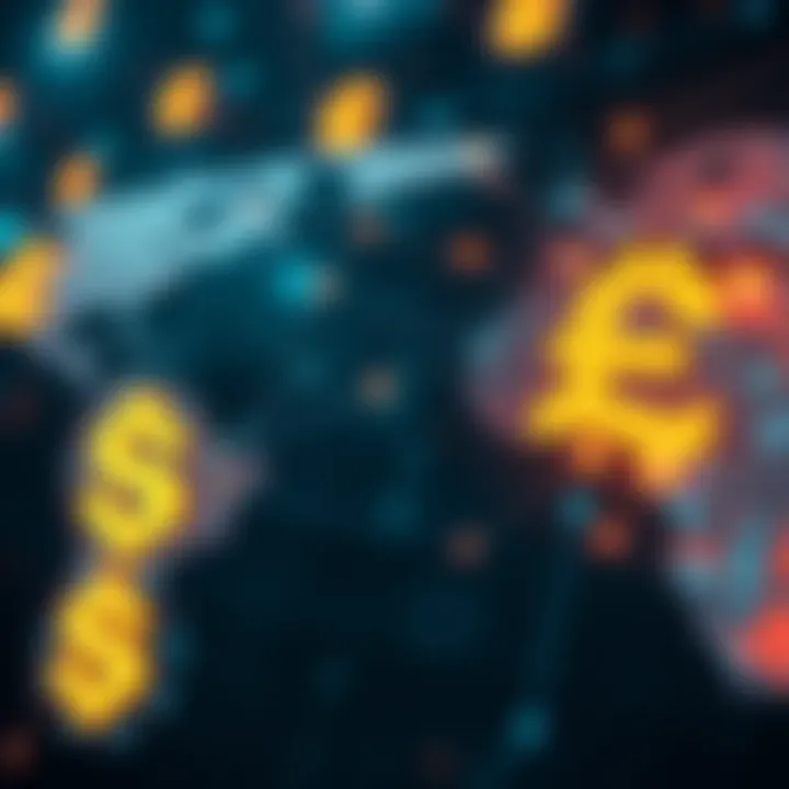 Digital representation of global currency symbols interconnected by futuristic data streams