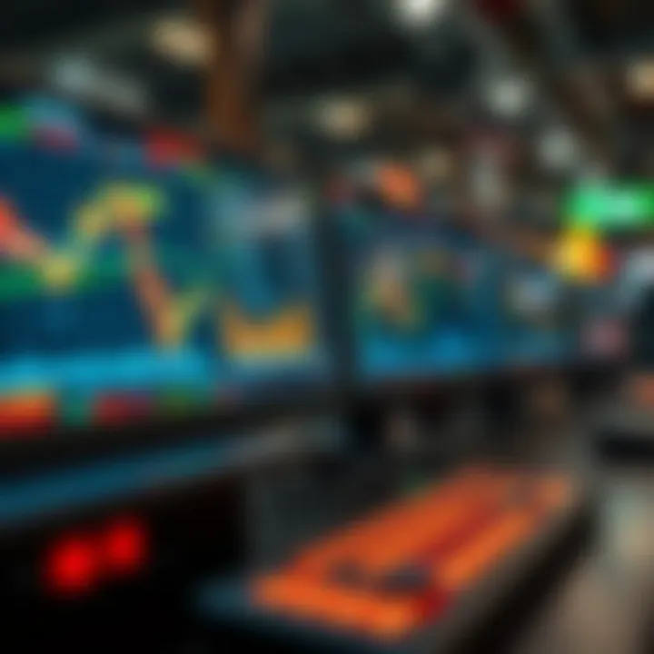 Abstract illustration of technological devices displaying financial charts and market trends