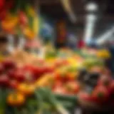 Fresh selection of colorful fruits and vegetables at a market stall