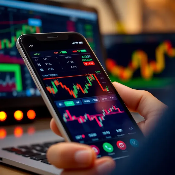 Mobile phone displaying forex trading app interface with charts and currency pairs