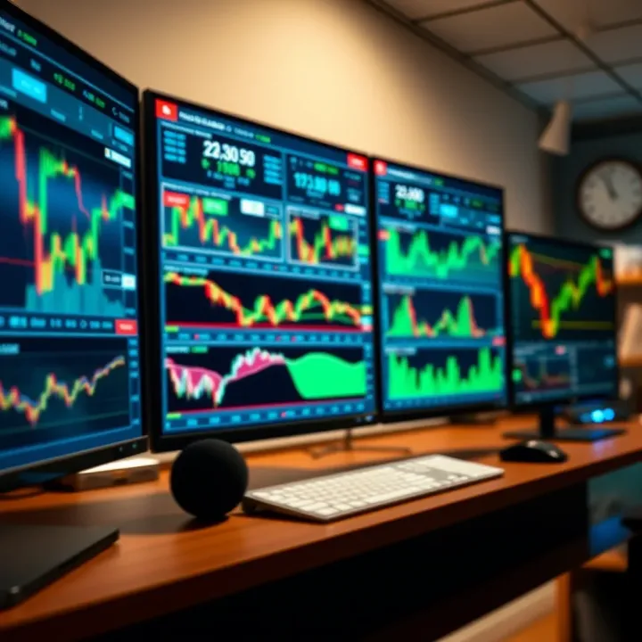 Screen displaying various forex trading platform interfaces with charts and data