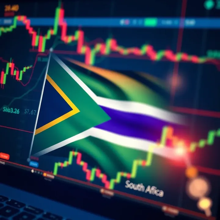 Forex Trading Environment in South Africa with Currency and Market Symbols Illustration of South African flag overlaying currency symbols and trading graphs