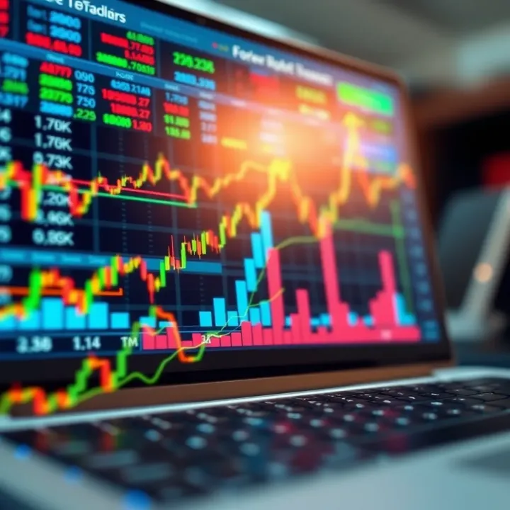 Performance Visualization of Forex Trading Robots Graph showing upward trend with forex trading robot interface in background