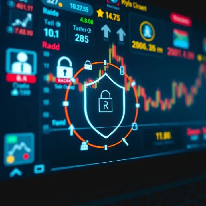 Illustration of a secure financial environment with digital security icons and South African rand symbol