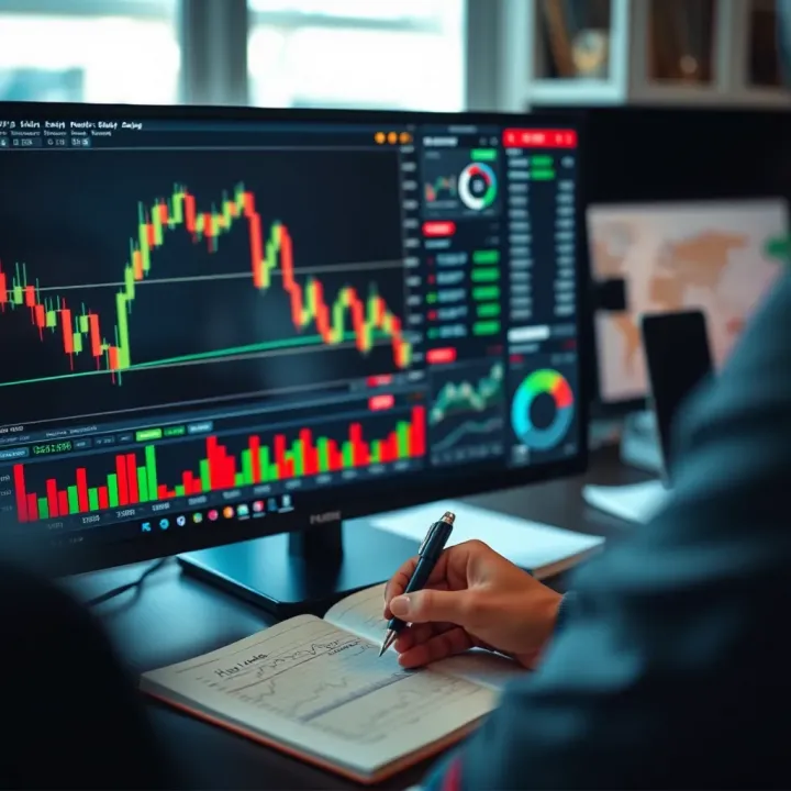 Close-up of forex trading charts and graphs on a computer screen with study notes