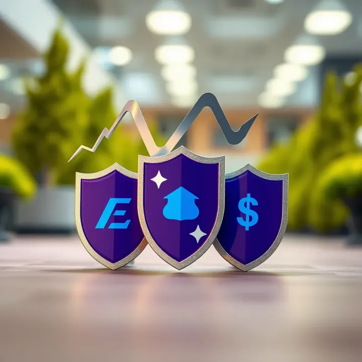 Illustration of risk management strategies with protective shields and financial symbols