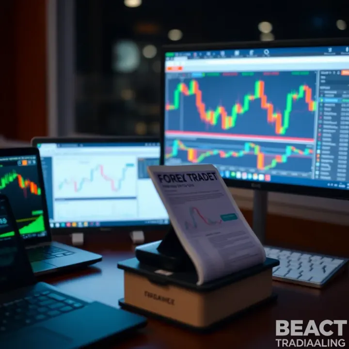Collection of digital devices showing forex trading platforms and educational PDFs