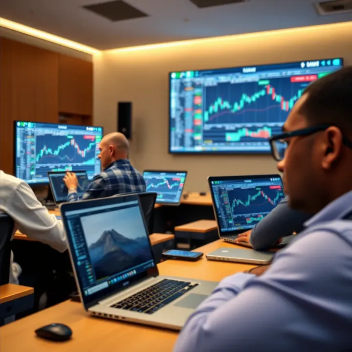 Interactive Forex Trading Course in Classroom Environment Classroom setting with students attending a forex trading course using laptops and charts