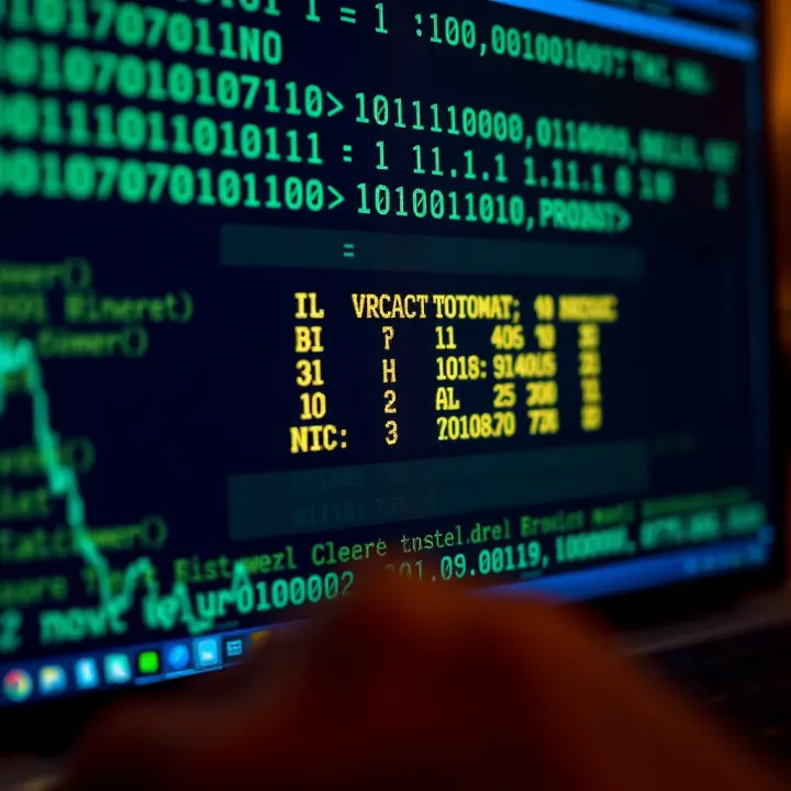 Visual representation of binary code transforming into readable text on a computer screen