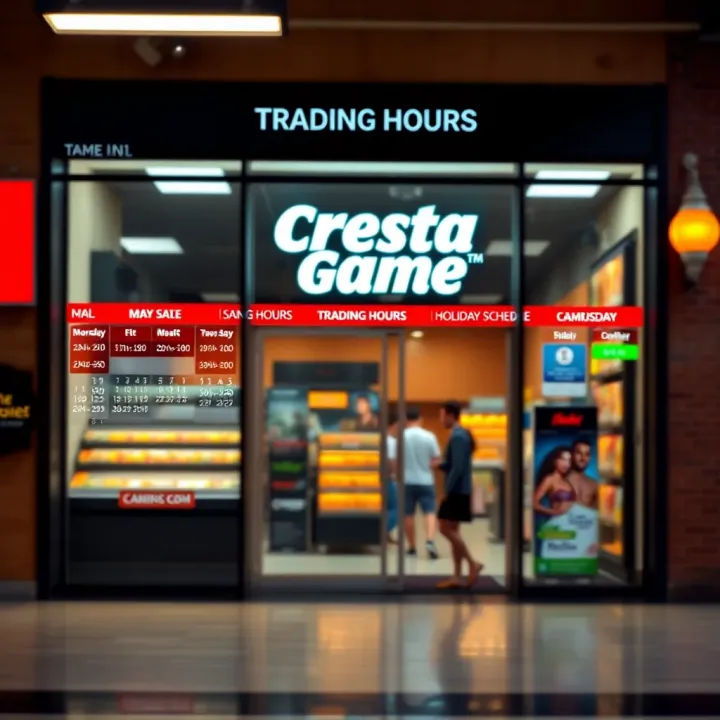 Calendar highlighting trading hours and holiday schedules for Cresta Game store in South Africa